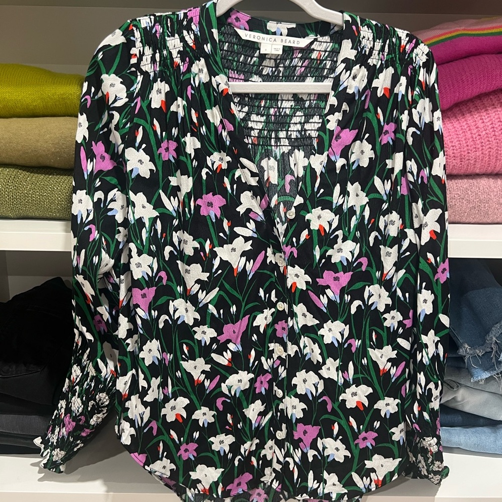 Veronica Beard Black and White Floral Blouse with Pink Accents